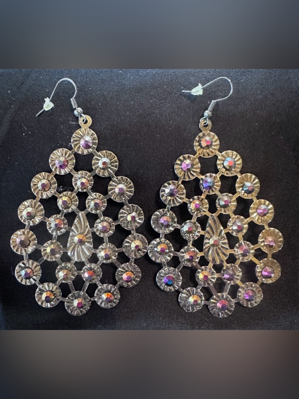 #JC60 Silver-Tone Teardrop Chandelier Earrings with Iridescent Crystal Accents